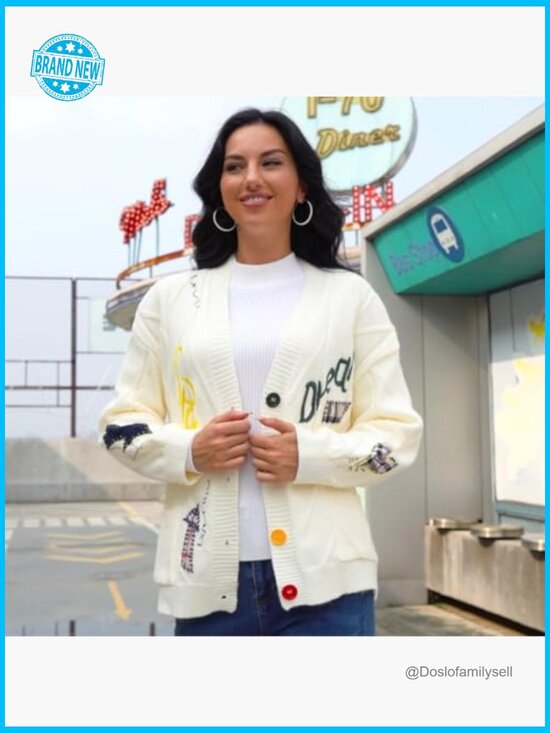 Embroidered Heart Cardigan Sweater Button Down Knitted Y2K Graphic with Pockets - Picture 2 of 7